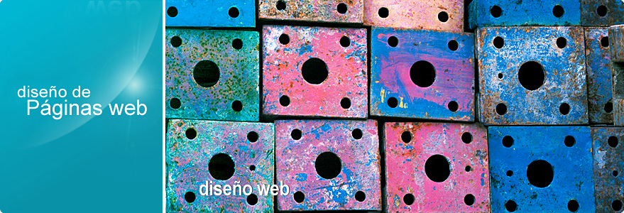 Imagen de cabecera del apartado Diseño web de CírculoWeb - Diseño y desarrollo web. Fotografía de hierros oxidados con restos de pintura de diferentes colores. La foto incluye los textos: diseño de Páginas web y Diseño web