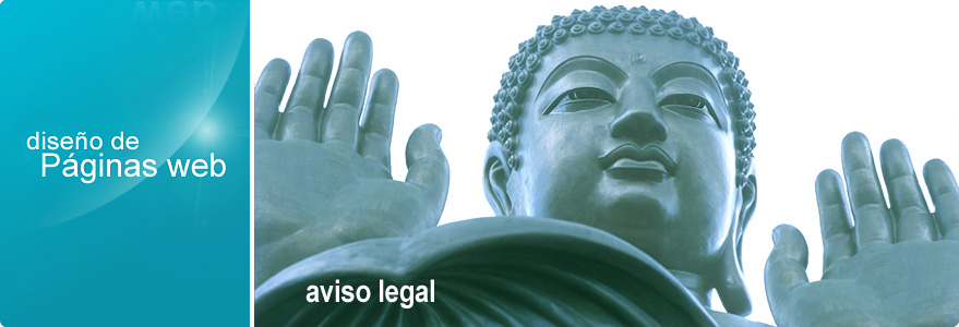 Imagen de cabecera del apartado Aviso Legal del sitio web de CírculoWeb - Diseño y desarrollo web. Fotografía de la cabeza y las manos de una gran escultura de Buda. La foto incluye los textos: diseño de Páginas web y Aviso legal